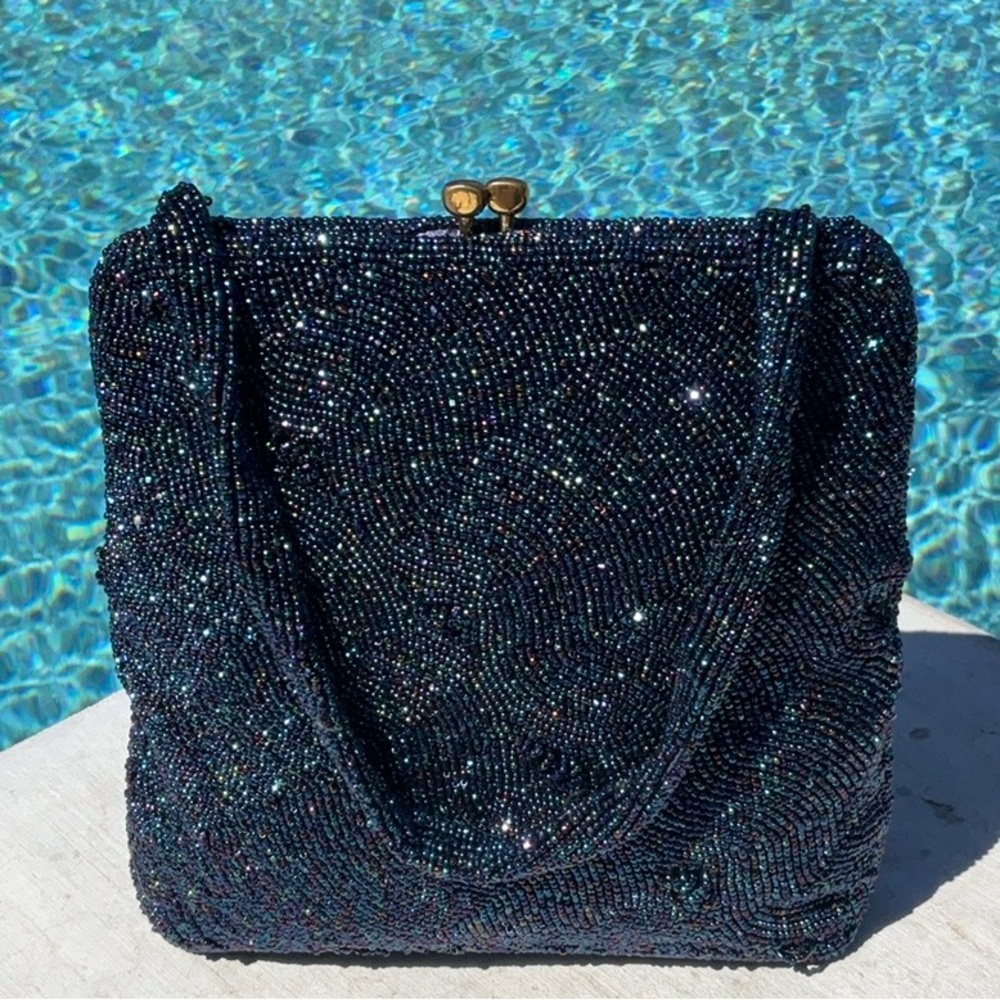Walborg Vintage Iridescent Shades Of Blue’s Seed Bead Handbag